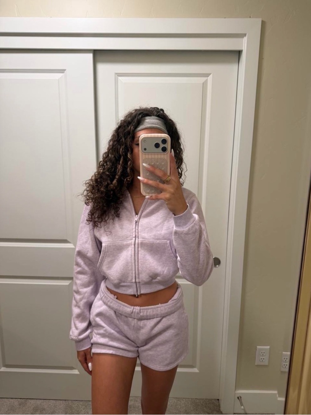 SKIMS Heather Purple Cropped Zip-Up Hoodie and Lounge Shorts Set